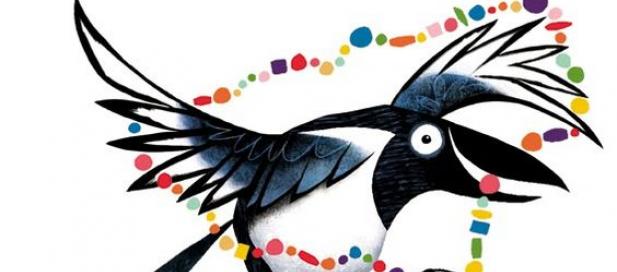 drawing of a magpie holding a colourful necklace in its beak