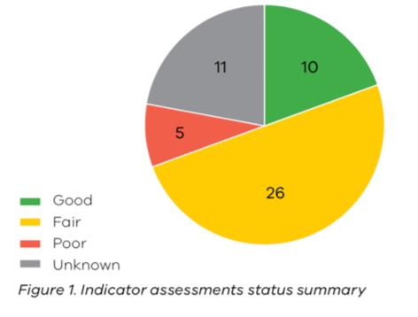 pie chart showing indicator assessments status summary with 10 for good, 26 for fair, 5 for poor, and 11 for unknown
