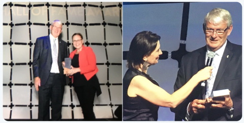 two images side-by-side of people receiving an award