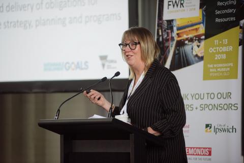 Dr. Gillian Sparkes speaking at the Future Waste Resources Convention at the Workshops Rail Museum in Ipswich, Queensland