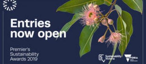 flyer for the Premier's Sustainability Awards saying 'entries now open' with an image of a section of a branch from a tree